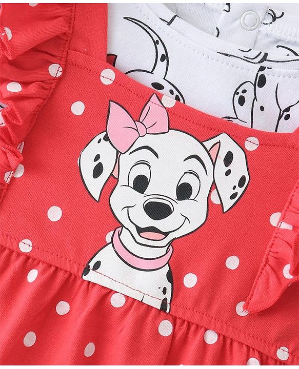 Babyhug Cotton Knit Frock with Half Sleeves T-Shirt & Headband Polka Dot & 101 Dalmatians Print - Red