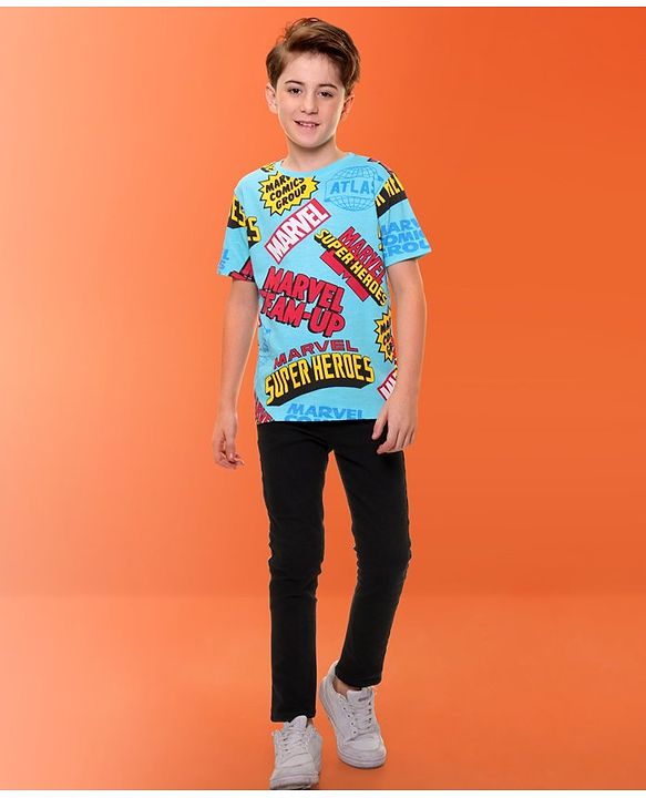 Pine Kids Marvel Single Jersey Half Sleeves T-Shirt with Marvel Text Print - Blue