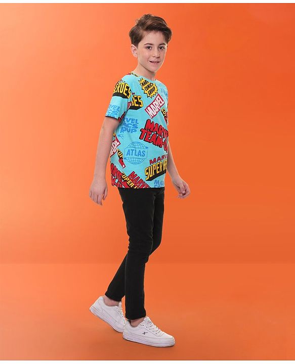Pine Kids Marvel Single Jersey Half Sleeves T-Shirt with Marvel Text Print - Blue