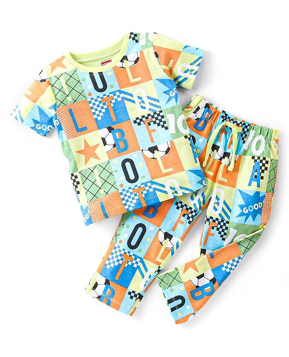 Babyhug Single Jersey Knit Half Sleeves Night Suit Alphabet Print - Green