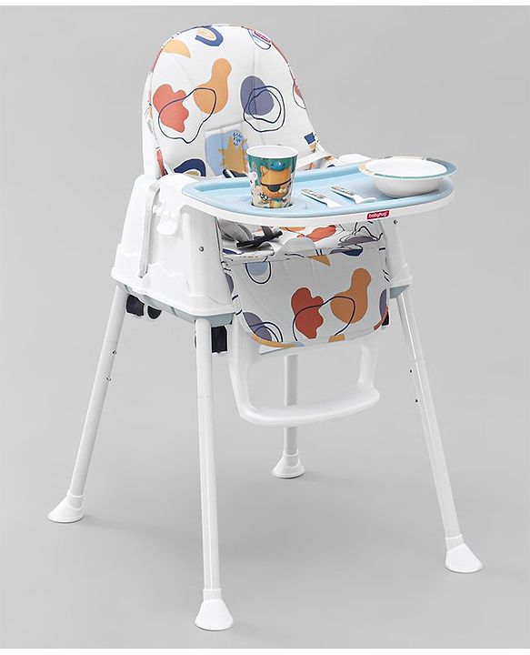 Babyhug 3 in 1 Comfy High Chair with Printed Cushion - White| High Chair, Feeding Chair & Booster Chair| Adjustable Double Food Tray| Removable PU Leather Seat| Safety Harness| Removable Footrest