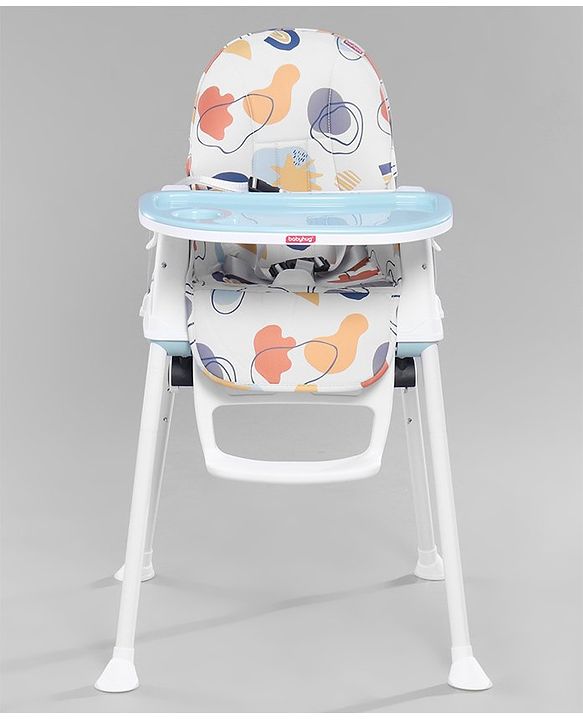 Babyhug 3 in 1 Comfy High Chair with Printed Cushion - White| High Chair, Feeding Chair & Booster Chair| Adjustable Double Food Tray| Removable PU Leather Seat| Safety Harness| Removable Footrest
