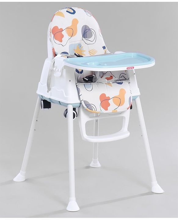 Babyhug 3 in 1 Comfy High Chair with Printed Cushion - White| High Chair, Feeding Chair & Booster Chair| Adjustable Double Food Tray| Removable PU Leather Seat| Safety Harness| Removable Footrest