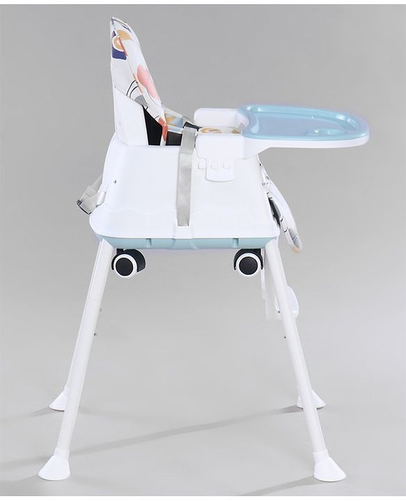 Babyhug 3 in 1 Comfy High Chair with Printed Cushion - White| High Chair, Feeding Chair & Booster Chair| Adjustable Double Food Tray| Removable PU Leather Seat| Safety Harness| Removable Footrest