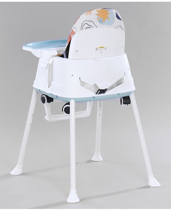 Babyhug 3 in 1 Comfy High Chair with Printed Cushion - White| High Chair, Feeding Chair & Booster Chair| Adjustable Double Food Tray| Removable PU Leather Seat| Safety Harness| Removable Footrest