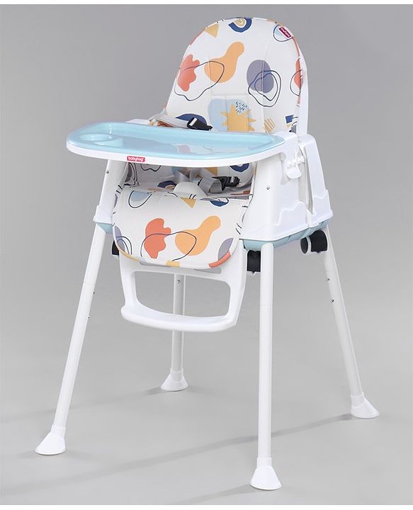 Babyhug 3 in 1 Comfy High Chair with Printed Cushion - White| High Chair, Feeding Chair & Booster Chair| Adjustable Double Food Tray| Removable PU Leather Seat| Safety Harness| Removable Footrest