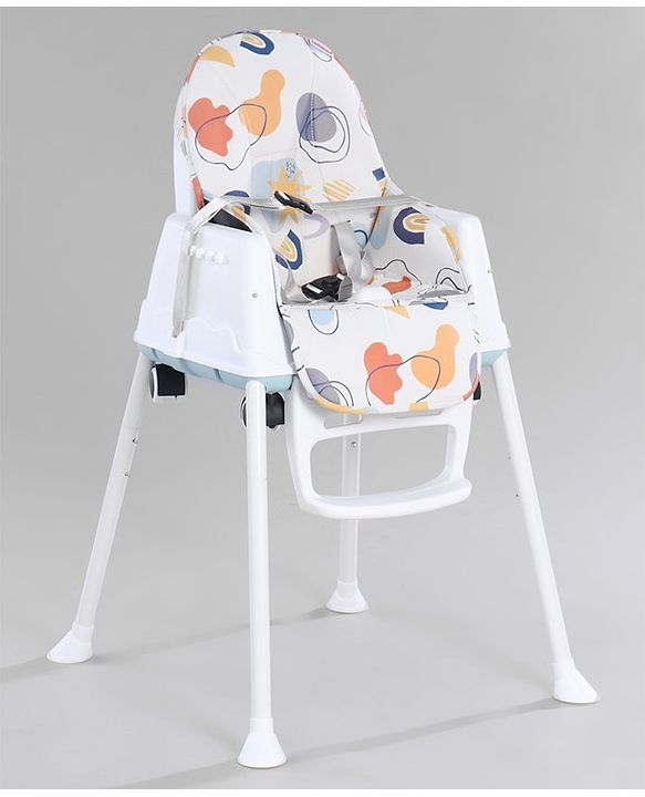 Babyhug 3 in 1 Comfy High Chair with Printed Cushion - White| High Chair, Feeding Chair & Booster Chair| Adjustable Double Food Tray| Removable PU Leather Seat| Safety Harness| Removable Footrest