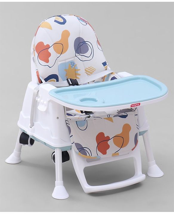 Babyhug 3 in 1 Comfy High Chair with Printed Cushion - White| High Chair, Feeding Chair & Booster Chair| Adjustable Double Food Tray| Removable PU Leather Seat| Safety Harness| Removable Footrest