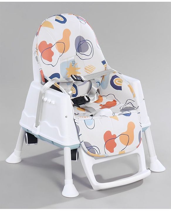 Babyhug 3 in 1 Comfy High Chair with Printed Cushion - White| High Chair, Feeding Chair & Booster Chair| Adjustable Double Food Tray| Removable PU Leather Seat| Safety Harness| Removable Footrest
