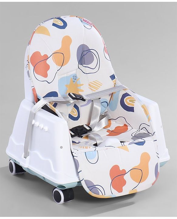 Babyhug 3 in 1 Comfy High Chair with Printed Cushion - White| High Chair, Feeding Chair & Booster Chair| Adjustable Double Food Tray| Removable PU Leather Seat| Safety Harness| Removable Footrest