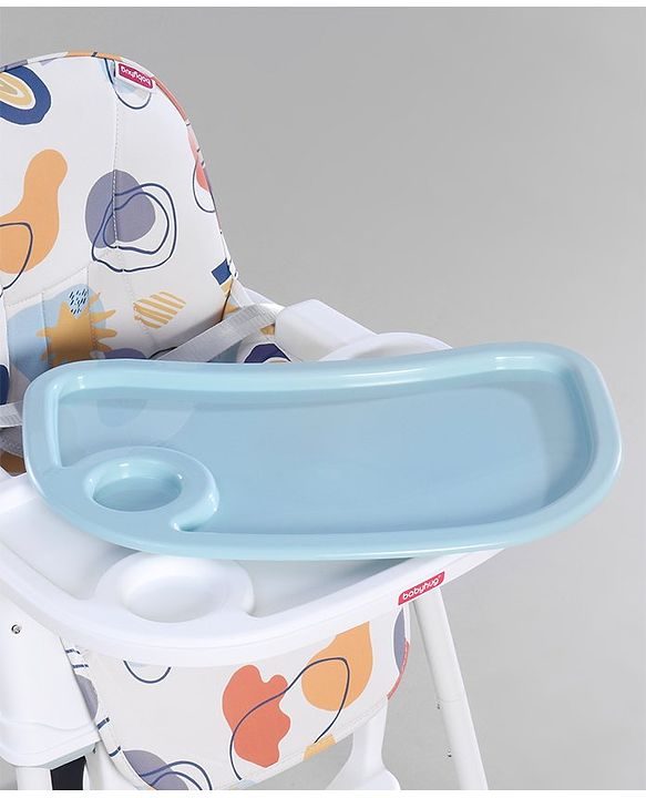 Babyhug 3 in 1 Comfy High Chair with Printed Cushion - White| High Chair, Feeding Chair & Booster Chair| Adjustable Double Food Tray| Removable PU Leather Seat| Safety Harness| Removable Footrest