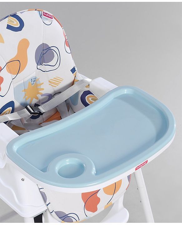 Babyhug 3 in 1 Comfy High Chair with Printed Cushion - White| High Chair, Feeding Chair & Booster Chair| Adjustable Double Food Tray| Removable PU Leather Seat| Safety Harness| Removable Footrest