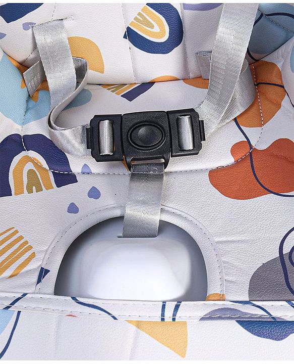 Babyhug 3 in 1 Comfy High Chair with Printed Cushion - White| High Chair, Feeding Chair & Booster Chair| Adjustable Double Food Tray| Removable PU Leather Seat| Safety Harness| Removable Footrest