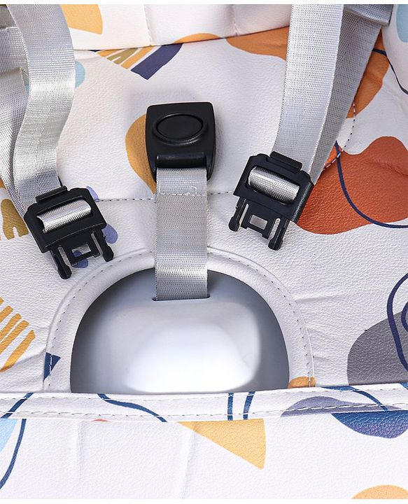 Babyhug 3 in 1 Comfy High Chair with Printed Cushion - White| High Chair, Feeding Chair & Booster Chair| Adjustable Double Food Tray| Removable PU Leather Seat| Safety Harness| Removable Footrest