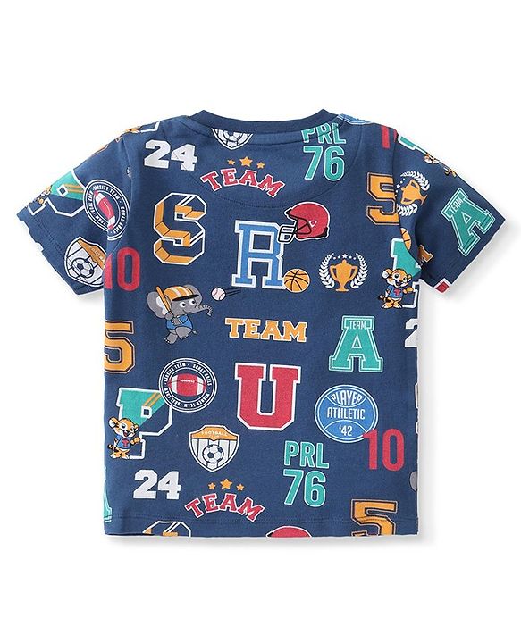 Babyhug Single Jersey Knit Half Sleeves Night Suit Sports Print - Navy Blue