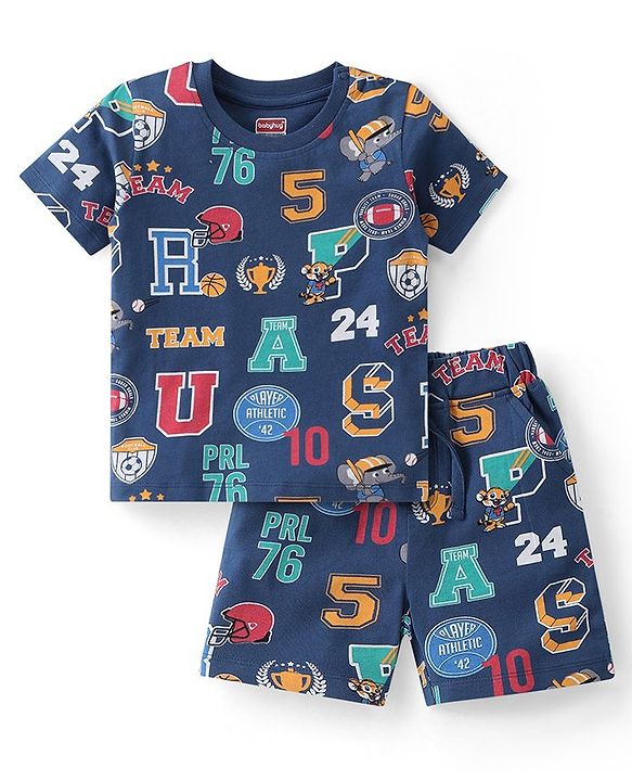 Babyhug Single Jersey Knit Half Sleeves Night Suit Sports Print - Navy Blue
