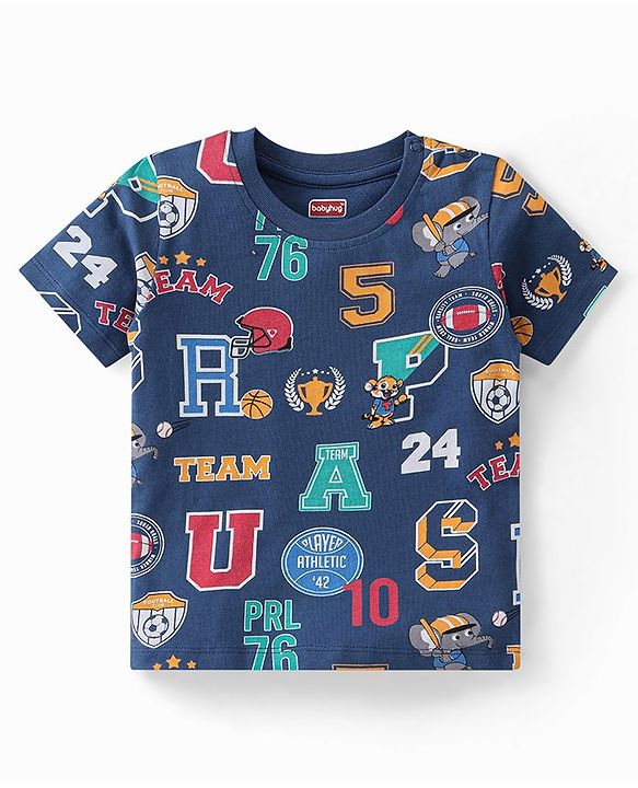 Babyhug Single Jersey Knit Half Sleeves Night Suit Sports Print - Navy Blue