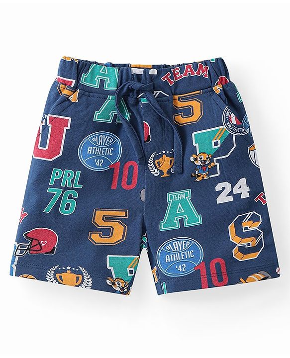 Babyhug Single Jersey Knit Half Sleeves Night Suit Sports Print - Navy Blue
