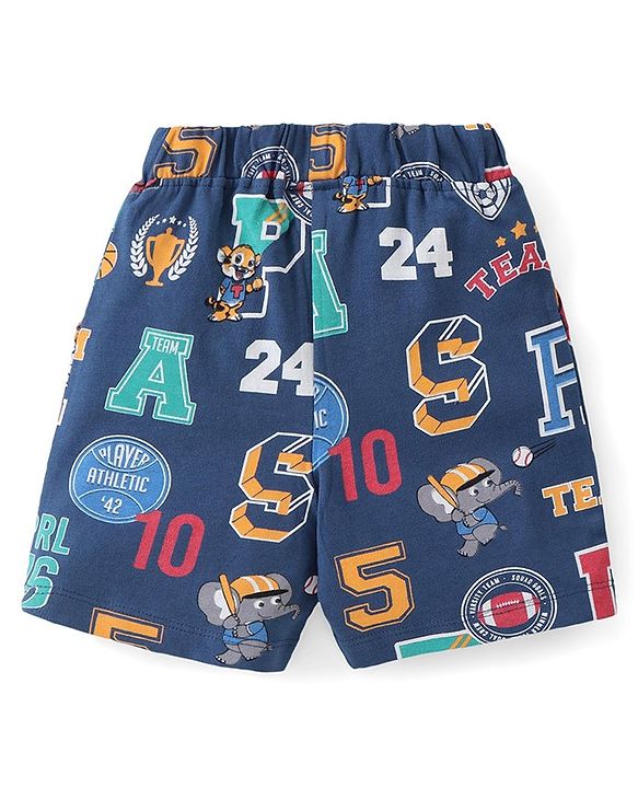 Babyhug Single Jersey Knit Half Sleeves Night Suit Sports Print - Navy Blue