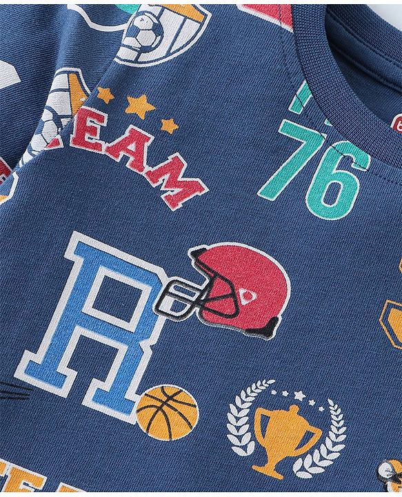 Babyhug Single Jersey Knit Half Sleeves Night Suit Sports Print - Navy Blue