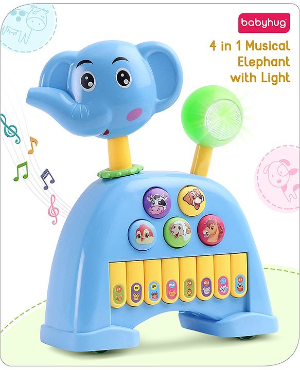Babyhug Musical Light & Sound Elephant Piano with 5 Modes of Animal Sound - Blue