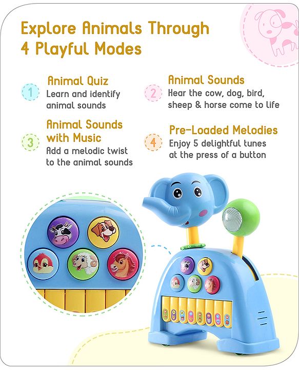 Babyhug Musical Light & Sound Elephant Piano with 5 Modes of Animal Sound - Blue