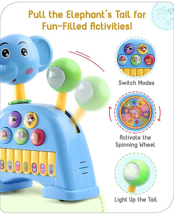 Babyhug Musical Light & Sound Elephant Piano with 5 Modes of Animal Sound - Blue
