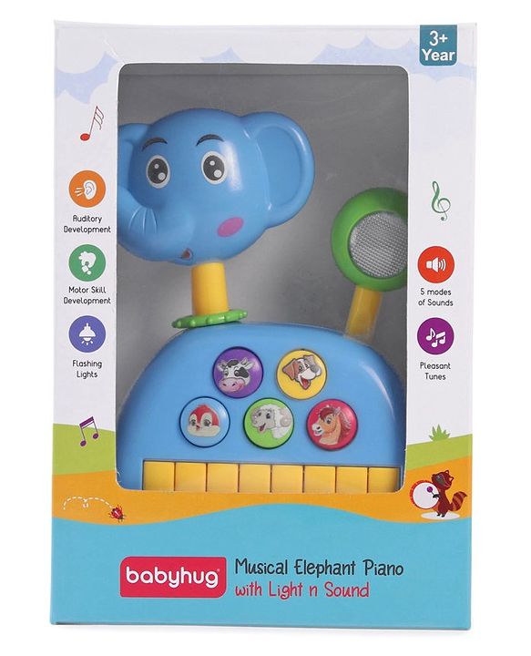 Babyhug Musical Light & Sound Elephant Piano with 5 Modes of Animal Sound - Blue