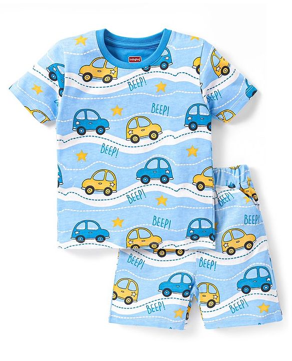 Babyhug Single Jersey Knit Half Sleeves Night Suit Vehicle Print - Blue