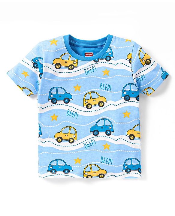Babyhug Single Jersey Knit Half Sleeves Night Suit Vehicle Print - Blue