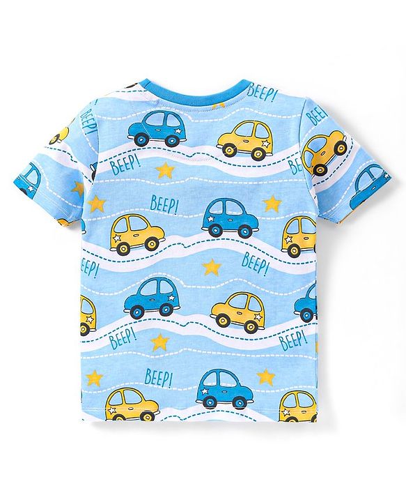 Babyhug Single Jersey Knit Half Sleeves Night Suit Vehicle Print - Blue