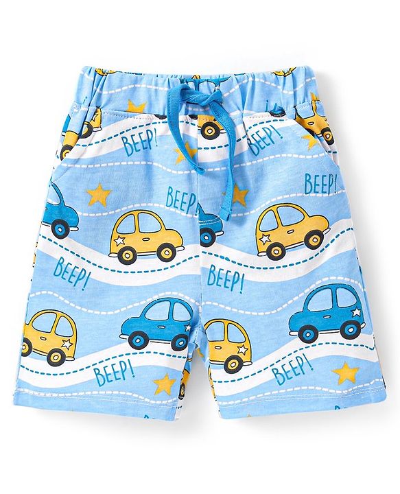 Babyhug Single Jersey Knit Half Sleeves Night Suit Vehicle Print - Blue