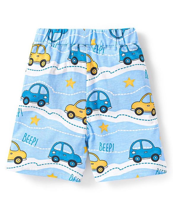 Babyhug Single Jersey Knit Half Sleeves Night Suit Vehicle Print - Blue