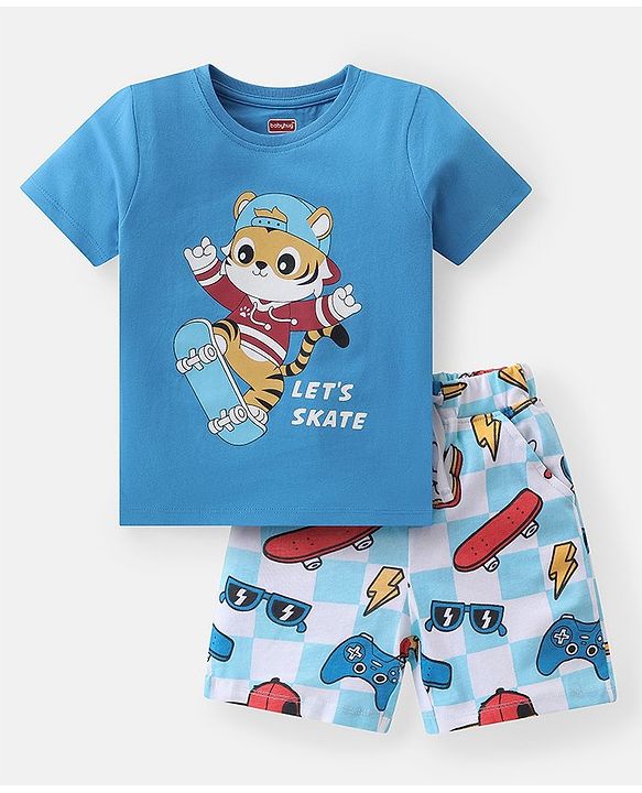 Babyhug Single Jersey Knit Half Sleeves Night Suit Animal Print - Blue