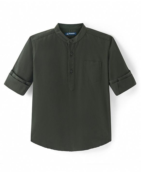 Pine Kids Cotton Woven Full Sleeves Mandarin Collared Solid Colour Shirt - Dark Green