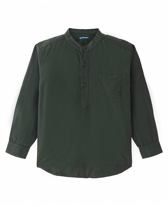 Pine Kids Cotton Woven Full Sleeves Mandarin Collared Solid Colour Shirt - Dark Green