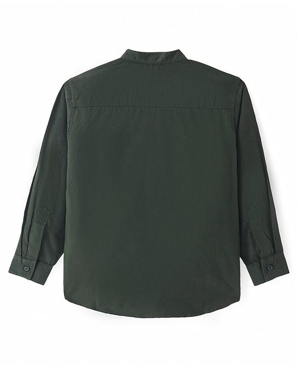 Pine Kids Cotton Woven Full Sleeves Mandarin Collared Solid Colour Shirt - Dark Green