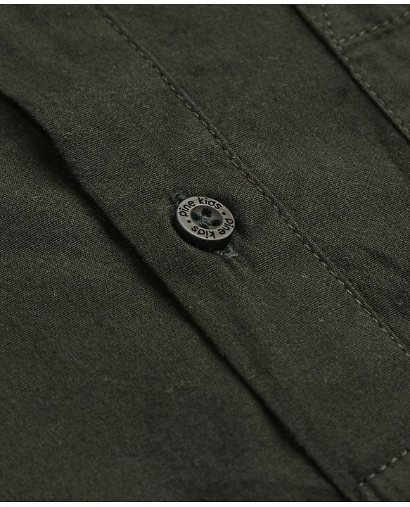 Pine Kids Cotton Woven Full Sleeves Mandarin Collared Solid Colour Shirt - Dark Green