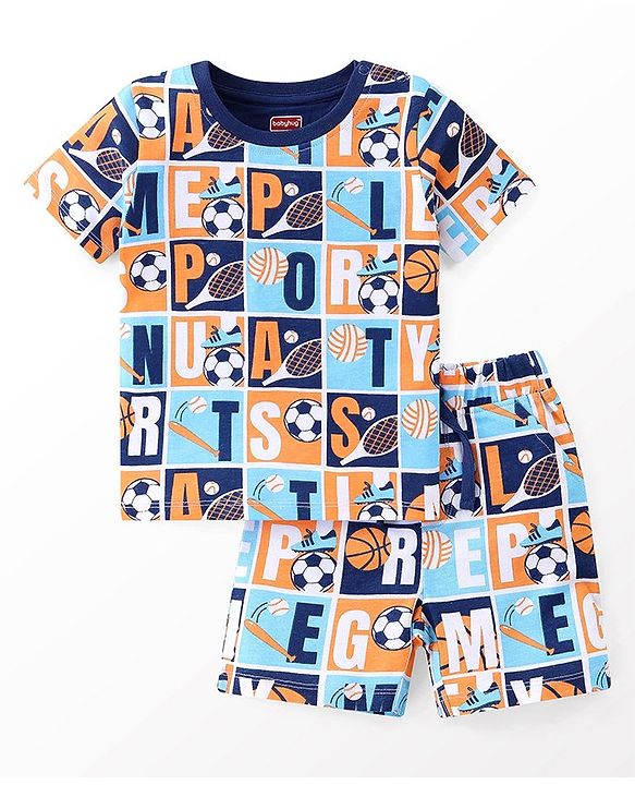 Babyhug Single Jersey Knit Half Sleeves Night Suit Sports Print - Blue