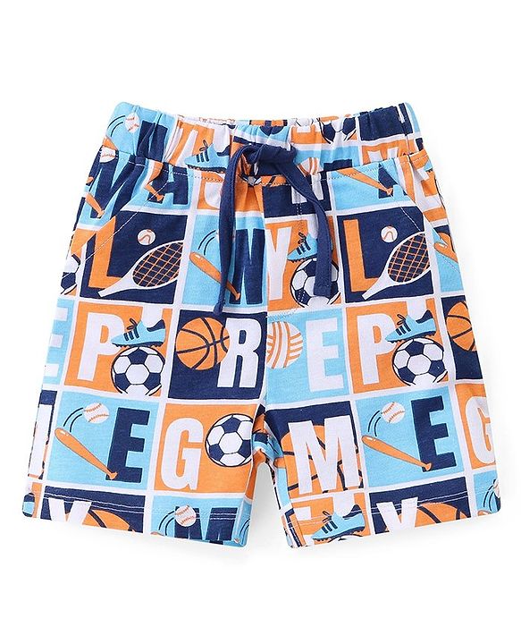 Babyhug Single Jersey Knit Half Sleeves Night Suit Sports Print - Blue