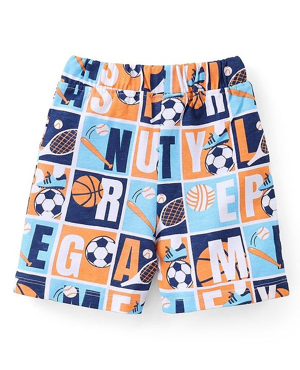 Babyhug Single Jersey Knit Half Sleeves Night Suit Sports Print - Blue
