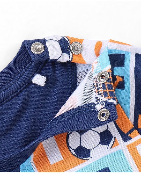 Babyhug Single Jersey Knit Half Sleeves Night Suit Sports Print - Blue