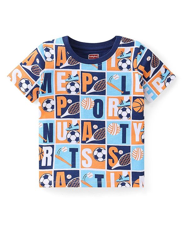 Babyhug Single Jersey Knit Half Sleeves Night Suit Sports Print - Blue