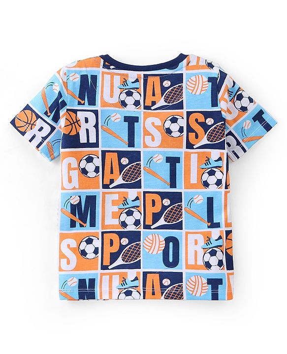 Babyhug Single Jersey Knit Half Sleeves Night Suit Sports Print - Blue