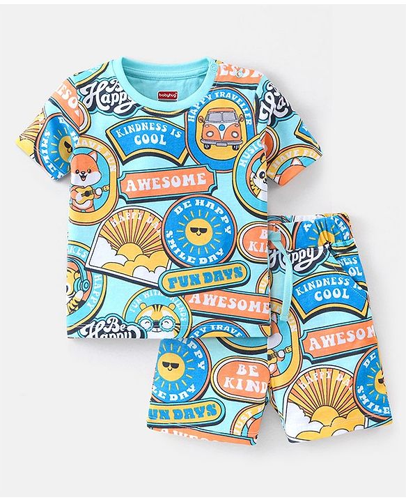 Babyhug Single Jersey Knit Half Sleeves Night Suit Slogan Print - Blue