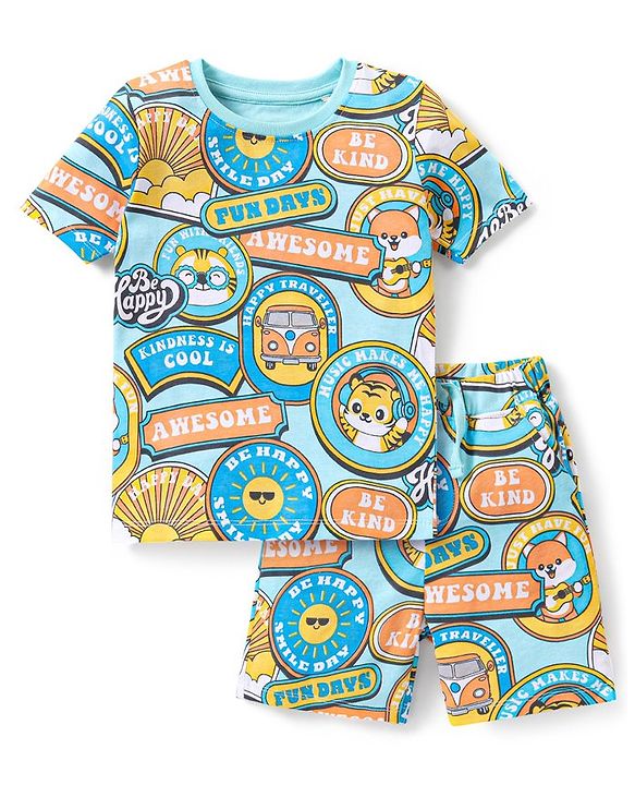 Babyhug Single Jersey Knit Half Sleeves Night Suit Slogan Print - Blue