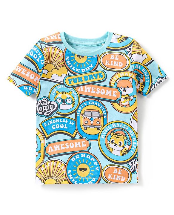 Babyhug Single Jersey Knit Half Sleeves Night Suit Slogan Print - Blue