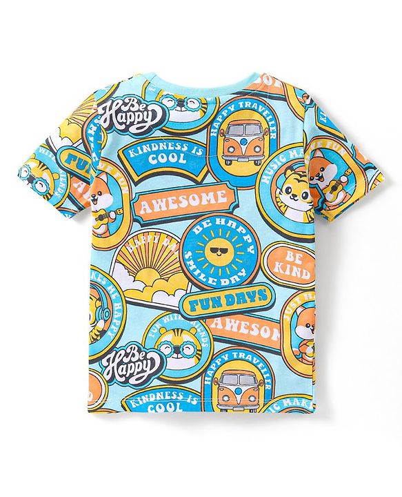 Babyhug Single Jersey Knit Half Sleeves Night Suit Slogan Print - Blue