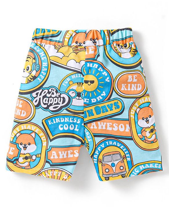 Babyhug Single Jersey Knit Half Sleeves Night Suit Slogan Print - Blue