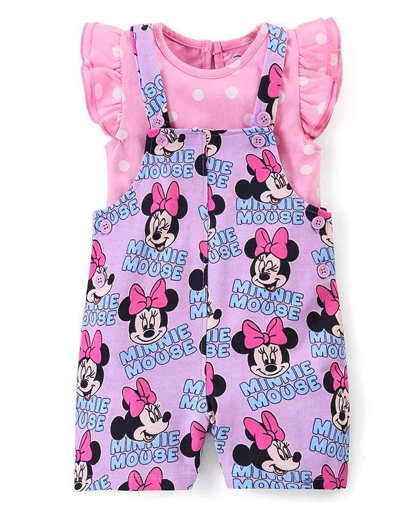 Babyhug Disney 100% Cotton Knit Dungaree With Frill Sleeves Top Minnie Mouse Print - Pink